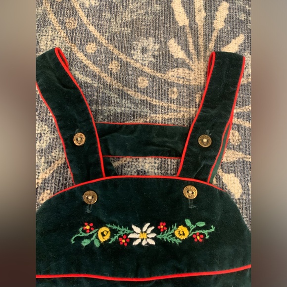 Vintage green VELVET embroidered flower Christmas overalls Christmas outfit - Picture 3 of 4